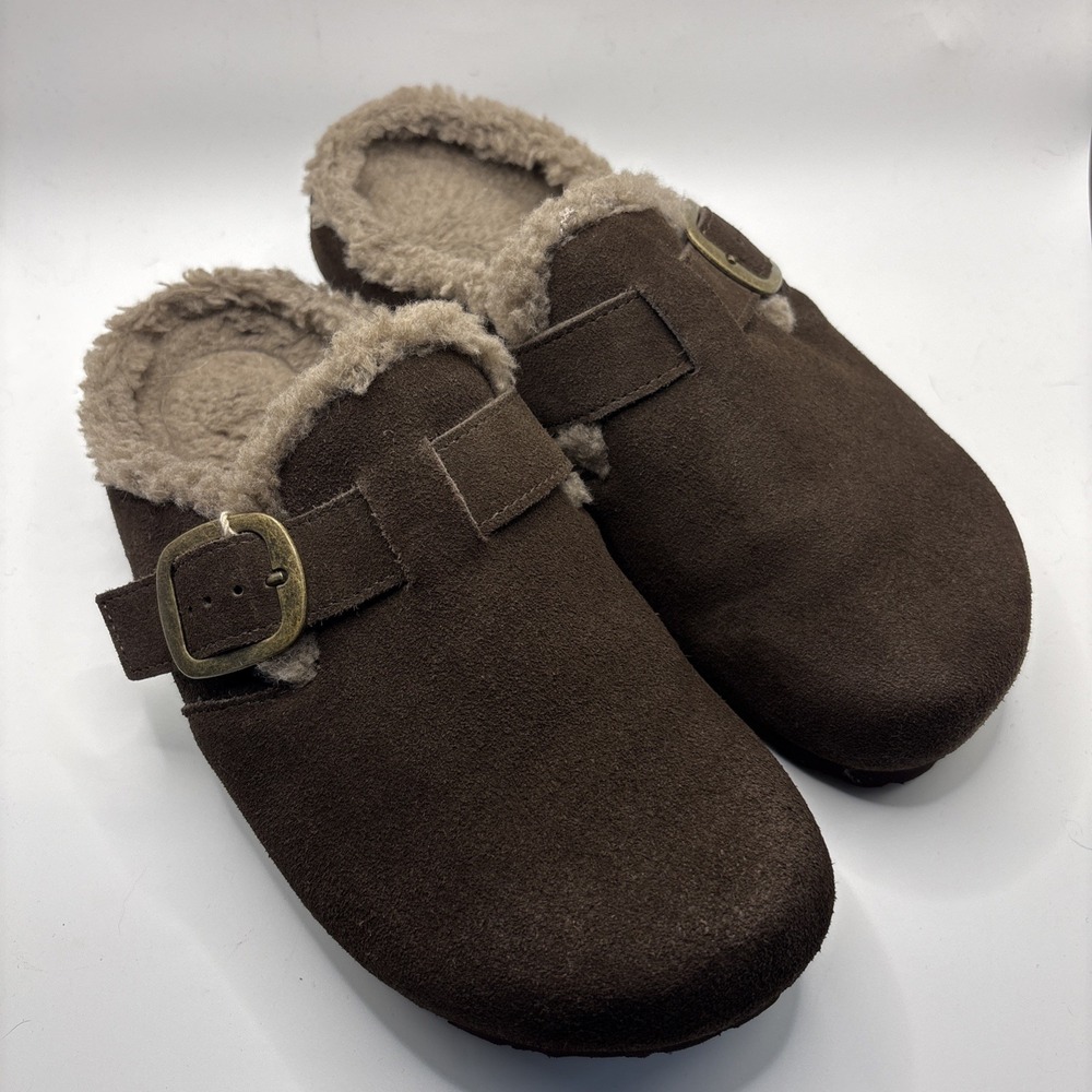 Cushionaire Haven Genuine Leather Faux Fur Lined Slip On Clog Shoes Women's 8